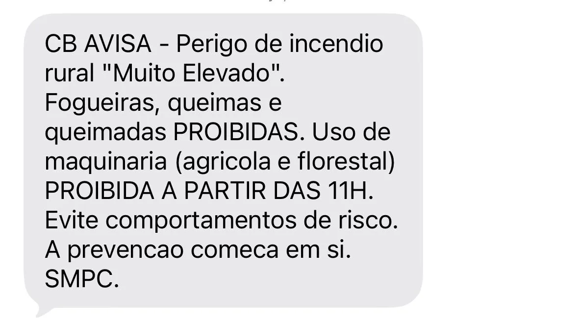 🚨 AVISO À POPULAÇÃO – PERIGO MUITO ELEVADO DE INCÊNDIO RURAL 🚨