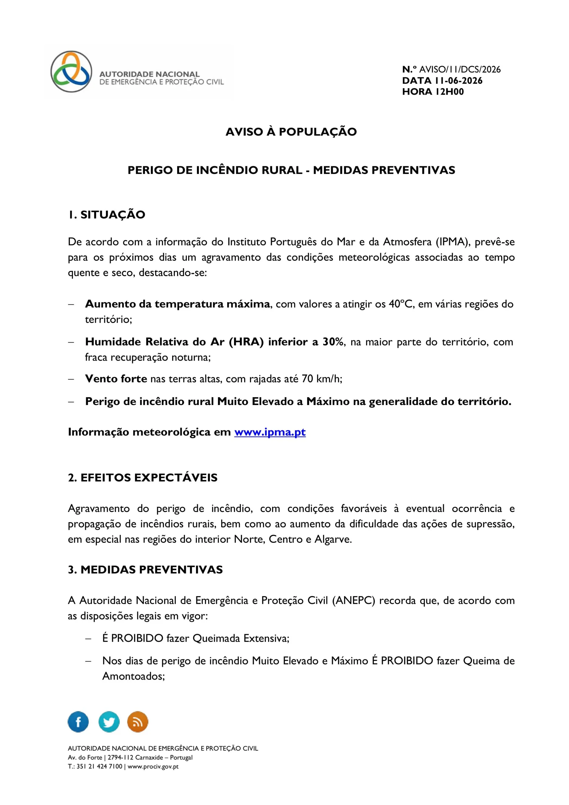 AVISO À POPULAÇÃO – PERIGO DE INCÊNDIO RURAL