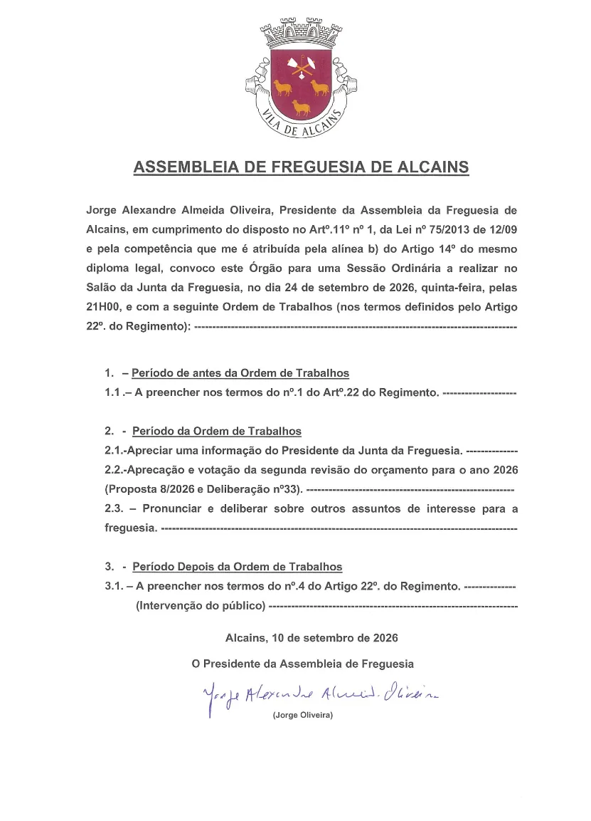 Convocatória da Assembleia de Freguesia 24/09/2026