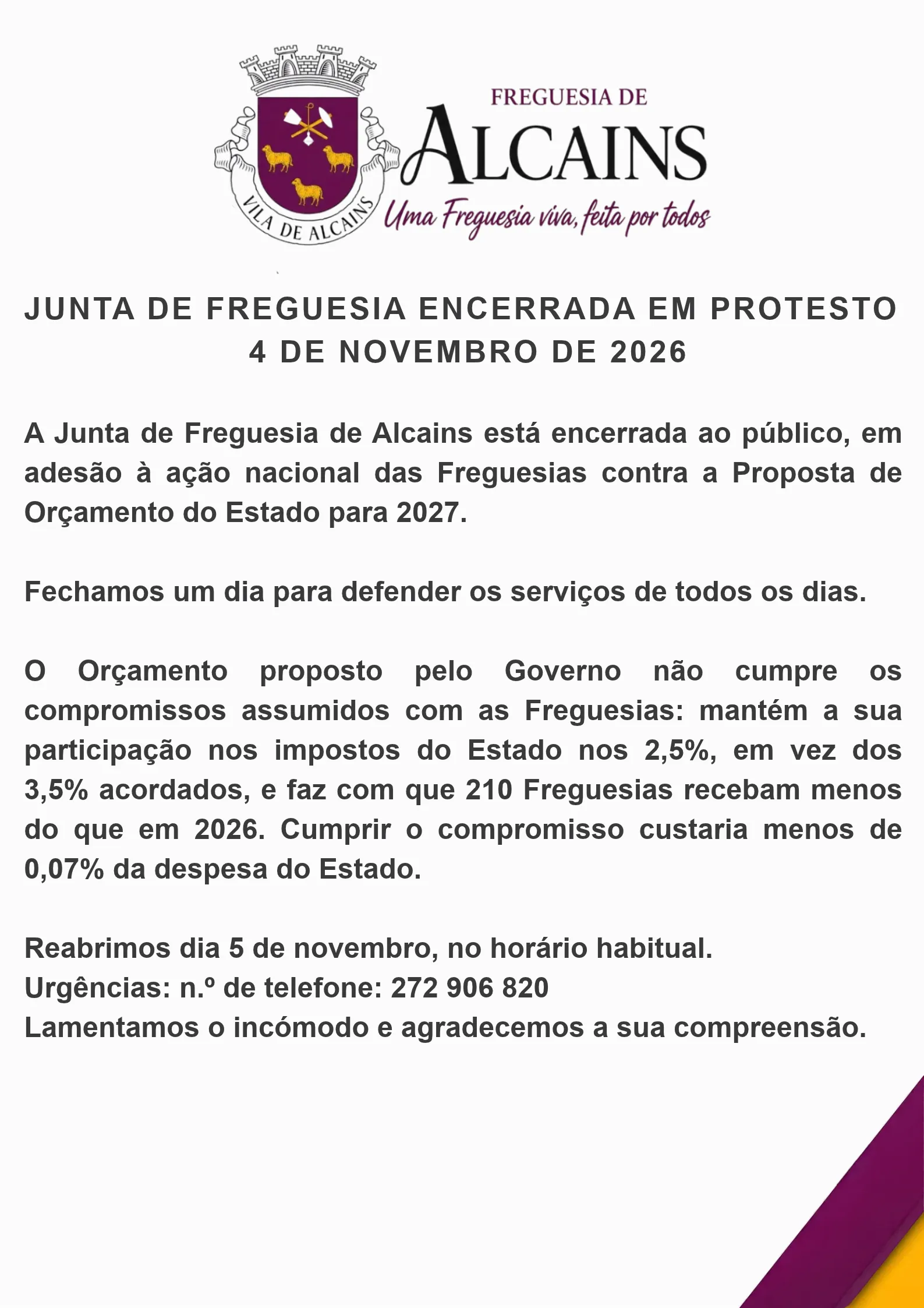 JUNTA DE FREGUESIA ENCERRADA EM PROTESTO 4 DE NOVEMBRO DE 2026